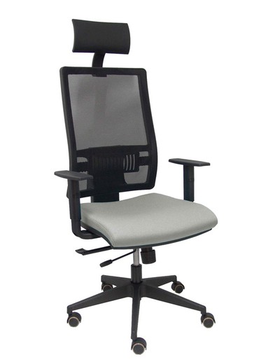 Modelo Horna - Silla de oficina ergonómica con mecanismo sincro con traslack y regulable en altura - Respaldo alto de malla transpirable con cabecero fijo y apoyo lumbar regulable. Asiento tapizado en tejido BALI color gris claro.