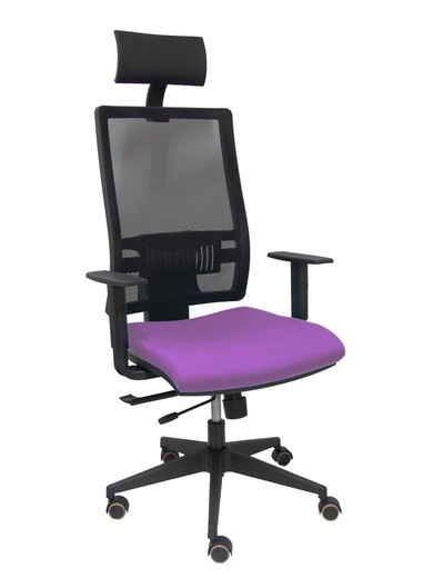 Modelo Horna - Silla de oficina ergonómica con mecanismo sincro con traslack y regulable en altura - Respaldo alto de malla transpirable con cabecero fijo y apoyo lumbar regulable. Asiento tapizado en tejido BALI color lila.