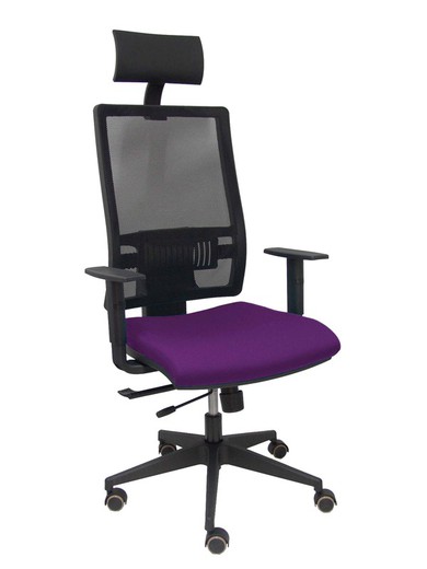 Modelo Horna - Silla de oficina ergonómica con mecanismo sincro con traslack y regulable en altura - Respaldo alto de malla transpirable con cabecero fijo y apoyo lumbar regulable. Asiento tapizado en tejido BALI color morado.