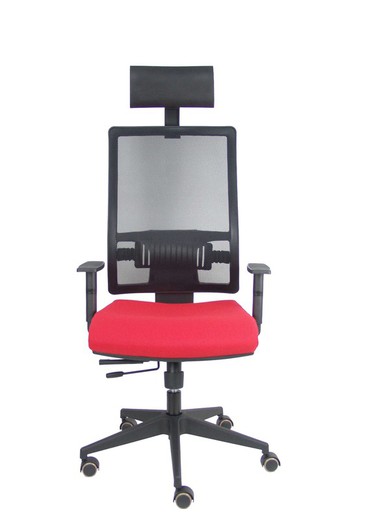 Modelo Horna - Silla de oficina ergonómica con mecanismo sincro con traslack y regulable en altura - Respaldo alto de malla transpirable con cabecero fijo y apoyo lumbar regulable. Asiento tapizado en tejido BALI color rojo.