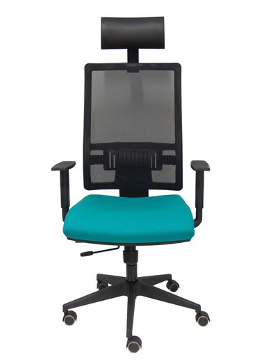 Modelo Horna - Silla de oficina ergonómica con mecanismo sincro con traslack y regulable en altura - Respaldo alto de malla transpirable con cabecero fijo y apoyo lumbar regulable. Asiento tapizado en tejido BALI color turquesa.