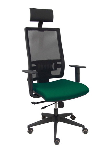 Modelo Horna - Silla de oficina ergonómica con mecanismo sincro con traslack y regulable en altura - Respaldo alto de malla transpirable con cabecero fijo y apoyo lumbar regulable. Asiento tapizado en tejido BALI color verde botella.