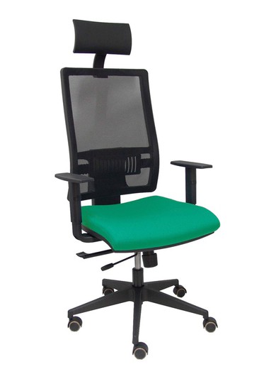 Modelo Horna - Silla de oficina ergonómica con mecanismo sincro con traslack y regulable en altura - Respaldo alto de malla transpirable con cabecero fijo y apoyo lumbar regulable. Asiento tapizado en tejido BALI color verde esmeralda.