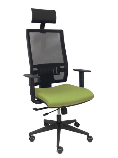 Modelo Horna - Silla de oficina ergonómica con mecanismo sincro con traslack y regulable en altura - Respaldo alto de malla transpirable con cabecero fijo y apoyo lumbar regulable. Asiento tapizado en tejido BALI color verde oliva.