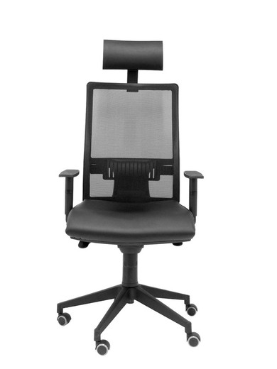 Modelo Horna  Silla de oficina ergonómica con mecanismo sincro y regulable en altura  Respaldo alto de malla transpirable con cabecero y asiento tapizado en piel color negro (CON CABECERO INCLUIDO)