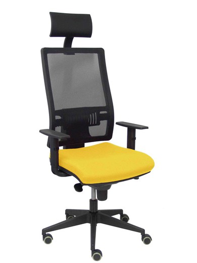 Modelo Horna - Silla de oficina ergonómica con mecanismo sincro y regulable en altura - Respaldo alto de malla transpirable con cabecero y asiento tapizado en tejido BALI color amarillo (CON CABECERO INCLUIDO)