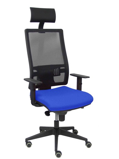 Modelo Horna - Silla de oficina ergonómica con mecanismo sincro y regulable en altura - Respaldo alto de malla transpirable con cabecero y asiento tapizado en tejido BALI color azul (CON CABECERO INCLUIDO)