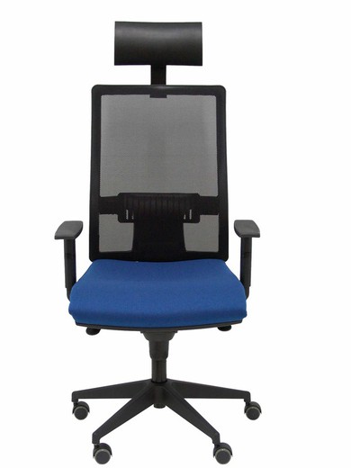 Modelo Horna - Silla de oficina ergonómica con mecanismo sincro y regulable en altura - Respaldo alto de malla transpirable con cabecero y asiento tapizado en tejido BALI color azul marino (CON CABECERO INCLUIDO)