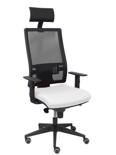 Modelo Horna - Silla de oficina ergonómica con mecanismo sincro y regulable en altura - Respaldo alto de malla transpirable con cabecero y asiento tapizado en tejido BALI color blanco (CON CABECERO INCLUIDO)