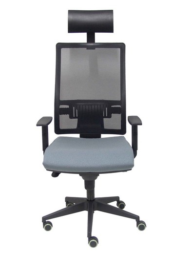 Modelo Horna - Silla de oficina ergonómica con mecanismo sincro y regulable en altura - Respaldo alto de malla transpirable con cabecero y asiento tapizado en tejido BALI color gris (CON CABECERO INCLUIDO)