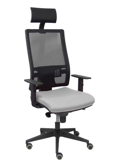 Modelo Horna - Silla de oficina ergonómica con mecanismo sincro y regulable en altura - Respaldo alto de malla transpirable con cabecero y asiento tapizado en tejido BALI color gris (CON CABECERO INCLUIDO)