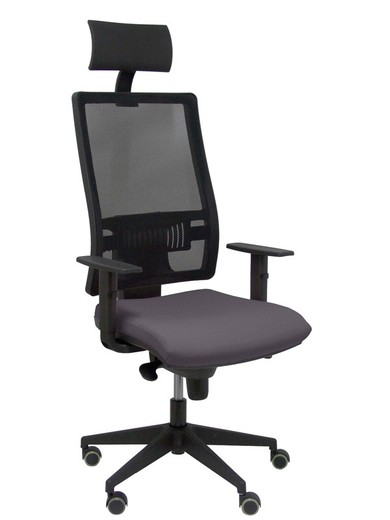 Modelo Horna - Silla de oficina ergonómica con mecanismo sincro y regulable en altura - Respaldo alto de malla transpirable con cabecero y asiento tapizado en tejido BALI color gris (CON CABECERO INCLUIDO)