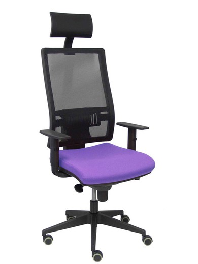 Modelo Horna - Silla de oficina ergonómica con mecanismo sincro y regulable en altura - Respaldo alto de malla transpirable con cabecero y asiento tapizado en tejido BALI color lila (CON CABECERO INCLUIDO)