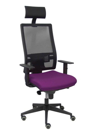 Modelo Horna - Silla de oficina ergonómica con mecanismo sincro y regulable en altura - Respaldo alto de malla transpirable con cabecero y asiento tapizado en tejido BALI color morado (CON CABECERO INCLUIDO)