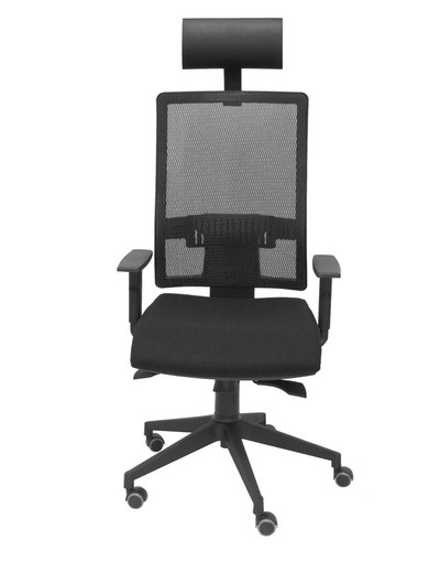 Modelo Horna - Silla de oficina ergonómica con mecanismo sincro y regulable en altura - Respaldo alto de malla transpirable con cabecero y asiento tapizado en tejido BALI color negro (CON CABECERO INCLUIDO)