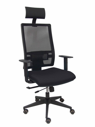 Modelo Horna - Silla de oficina ergonómica con mecanismo sincro y regulable en altura - Respaldo alto de malla transpirable con cabecero y asiento tapizado en tejido BALI color negro (CON CABECERO Y ASIENTO TRASLAK INCLUIDOS)