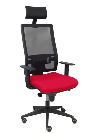 Modelo Horna - Silla de oficina ergonómica con mecanismo sincro y regulable en altura - Respaldo alto de malla transpirable con cabecero y asiento tapizado en tejido BALI color rojo (CON CABECERO INCLUIDO)