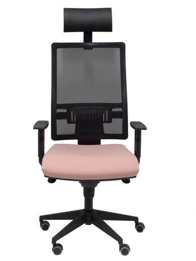 Modelo Horna - Silla de oficina ergonómica con mecanismo sincro y regulable en altura - Respaldo alto de malla transpirable con cabecero y asiento tapizado en tejido BALI color rosa (CON CABECERO INCLUIDO)