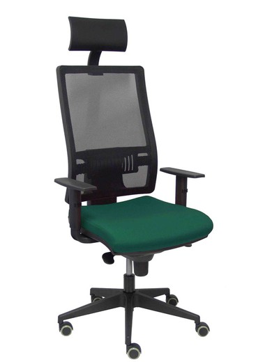 Modelo Horna - Silla de oficina ergonómica con mecanismo sincro y regulable en altura - Respaldo alto de malla transpirable con cabecero y asiento tapizado en tejido BALI color verde botella (CON CABECERO INCLUIDO)