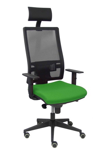 Modelo Horna - Silla de oficina ergonómica con mecanismo sincro y regulable en altura - Respaldo alto de malla transpirable con cabecero y asiento tapizado en tejido BALI color verde (CON CABECERO INCLUIDO)