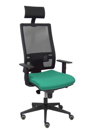 Modelo Horna - Silla de oficina ergonómica con mecanismo sincro y regulable en altura - Respaldo alto de malla transpirable con cabecero y asiento tapizado en tejido BALI color verde esmeralda (CON CABECERO INCLUIDO)