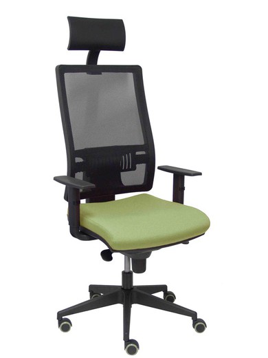 Modelo Horna - Silla de oficina ergonómica con mecanismo sincro y regulable en altura - Respaldo alto de malla transpirable con cabecero y asiento tapizado en tejido BALI color verde oliva (CON CABECERO INCLUIDO)