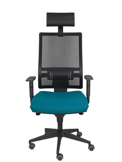 Modelo Horna - Silla de oficina ergonómica con mecanismo sincro y regulable en altura - Respaldo alto de malla transpirable con cabecero y asiento tapizado en tejido BALI color verde petróleo (CON CABECERO INCLUIDO)