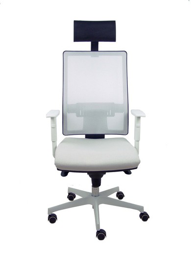 Modelo Horna - Silla de oficina ergonómica con mecanismo sincro y regulable en altura - Respaldo alto de malla transpirable en color blanco, con cabecero fijo y asiento tapizado en tejido BALI color blanco. Base y brazos de color blanco.