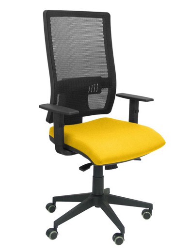 Modelo Horna - Silla de oficina ergonómica con mecanismo sincro y regulable en altura - Respaldo alto de malla transpirable y asiento tapizado en tejido BALI color amarillo