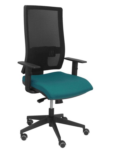 Modelo Horna - Silla de oficina ergonómica con mecanismo sincro y regulable en altura - Respaldo alto de malla transpirable y asiento tapizado en tejido BALI color verde petróleo.