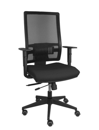 Modelo Horna - Silla de oficina ergonómica con mecanismo traslack y regulable en altura - Respaldo alto de malla transpirable y asiento tapizado en tejido BALI color negro.