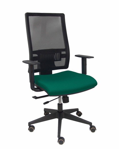 Modelo Horna - Silla de oficina ergonómica con mecanismo traslack y regulable en altura - Respaldo alto de malla transpirable y asiento tapizado en tejido BALI color verde botella.