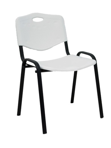 Modelo Iso plastic  Pack de 4 sillas confidentes ergonómica, apilable, multiusos y estructura en color negro  Asiento y respaldo en PVC color blanco.