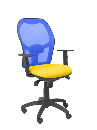 Modelo Jorquera - Silla de oficina ergonómica con mecanismo sincro, brazos regulables y ajustable en altura - Respaldo de malla transpirable en color azul y asiento tapizados en tejido BALI color amarillo