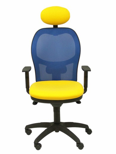 Modelo Jorquera - Silla de oficina ergonómica con mecanismo sincro, brazos regulables y ajustable en altura  Respaldo de malla transpirable en color azul y asiento tapizados en tejido BALI color amarillo (CON CABECERO)