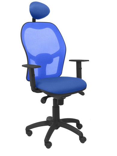 Modelo Jorquera - Silla de oficina ergonómica con mecanismo sincro, brazos regulables y ajustable en altura  Respaldo de malla transpirable en color azul y asiento tapizados en tejido BALI color azul (CON CABECERO)