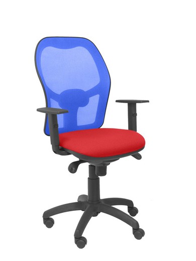 Modelo Jorquera - Silla de oficina ergonómica con mecanismo sincro, brazos regulables y ajustable en altura - Respaldo de malla transpirable en color azul y asiento tapizados en tejido BALI color rojo