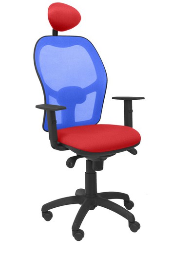 Modelo Jorquera - Silla de oficina ergonómica con mecanismo sincro, brazos regulables y ajustable en altura  Respaldo de malla transpirable en color azul y asiento tapizados en tejido BALI color rojo (CON CABECERO)