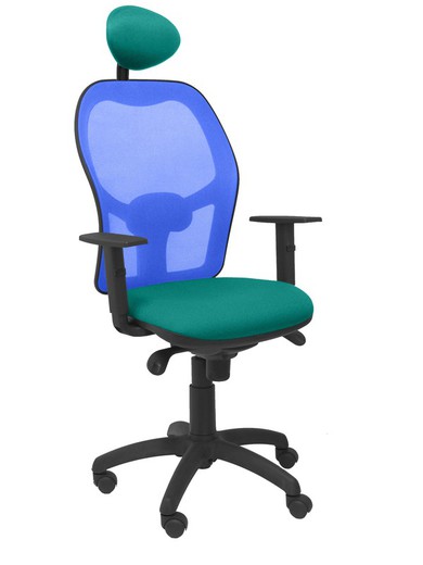 Modelo Jorquera - Silla de oficina ergonómica con mecanismo sincro, brazos regulables y ajustable en altura  Respaldo de malla transpirable en color azul y asiento tapizados en tejido BALI color turquesa (CON CABECERO)