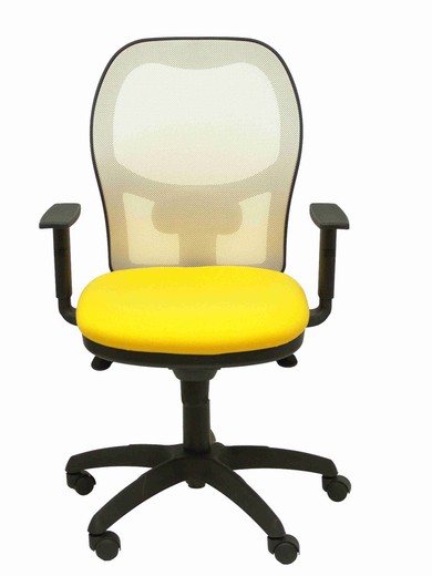 Modelo Jorquera - Silla de oficina ergonómica con mecanismo sincro, brazos regulables y ajustable en altura - Respaldo de malla transpirable en color blanco y asiento tapizados en tejido BALI color amarillo