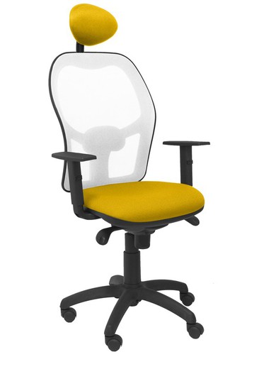 Modelo Jorquera - Silla de oficina ergonómica con mecanismo sincro, brazos regulables y ajustable en altura  Respaldo de malla transpirable en color blanco y asiento tapizados en tejido BALI color amarillo (CON CABECERO)