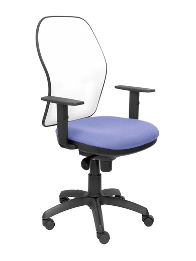 Modelo Jorquera - Silla de oficina ergonómica con mecanismo sincro, brazos regulables y ajustable en altura - Respaldo de malla transpirable en color blanco y asiento tapizados en tejido BALI color azul claro