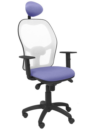 Modelo Jorquera - Silla de oficina ergonómica con mecanismo sincro, brazos regulables y ajustable en altura  Respaldo de malla transpirable en color blanco y asiento tapizados en tejido BALI color azul claro (CON CABECERO)