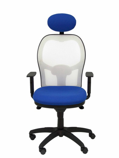 Modelo Jorquera - Silla de oficina ergonómica con mecanismo sincro, brazos regulables y ajustable en altura  Respaldo de malla transpirable en color blanco y asiento tapizados en tejido BALI color azul (CON CABECERO)