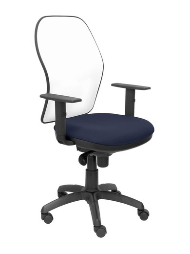 Modelo Jorquera - Silla de oficina ergonómica con mecanismo sincro, brazos regulables y ajustable en altura - Respaldo de malla transpirable en color blanco y asiento tapizados en tejido BALI color azul marino