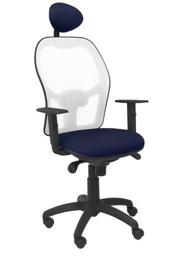 Modelo Jorquera - Silla de oficina ergonómica con mecanismo sincro, brazos regulables y ajustable en altura  Respaldo de malla transpirable en color blanco y asiento tapizados en tejido BALI color azul marino (CON CABECERO)