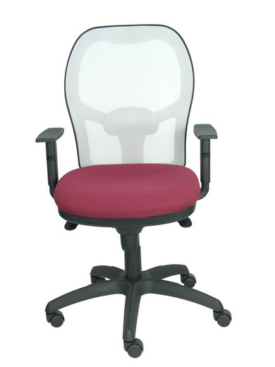 Modelo Jorquera - Silla de oficina ergonómica con mecanismo sincro, brazos regulables y ajustable en altura - Respaldo de malla transpirable en color blanco y asiento tapizados en tejido BALI color granate