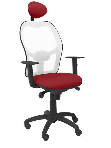 Modelo Jorquera - Silla de oficina ergonómica con mecanismo sincro, brazos regulables y ajustable en altura  Respaldo de malla transpirable en color blanco y asiento tapizados en tejido BALI color granate (CON CABECERO)