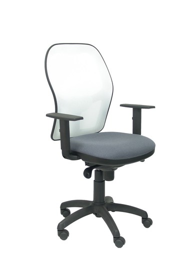 Modelo Jorquera - Silla de oficina ergonómica con mecanismo sincro, brazos regulables y ajustable en altura - Respaldo de malla transpirable en color blanco y asiento tapizados en tejido BALI color gris oscuro