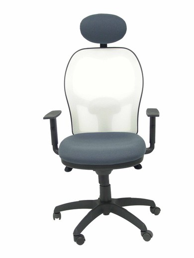 Modelo Jorquera - Silla de oficina ergonómica con mecanismo sincro, brazos regulables y ajustable en altura  Respaldo de malla transpirable en color blanco y asiento tapizados en tejido BALI color gris oscuro (CON CABECERO)